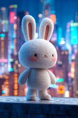 Cute plush bunny character stands on a ledge overlooking a vibrant city skyline at night