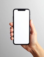 Hand holding a modern smartphone with a blank white screen for mockup.