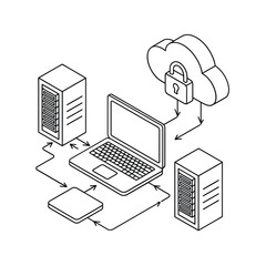 Cloud computing security with servers and laptop isometric illustration