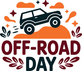 Vector art of celebrate offroad day with a 4x4 vehicle conquering a hill, surrounded by nature elements