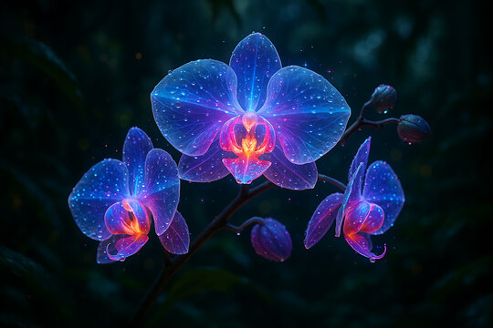 Glowing orchids with water droplets in a dark mystical forest