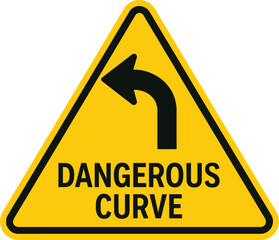 Yellow triangular road sign warning of a sharp left curve ahead for driver safety vector