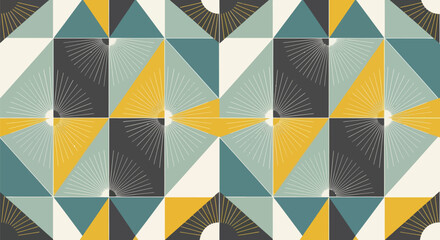 Geometric pattern of triangles and squares with sunburst rays, in teal, yellow, grey, and cream