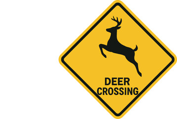 Yellow diamond deer crossing warning sign silhouette of deer and text for road safety vector