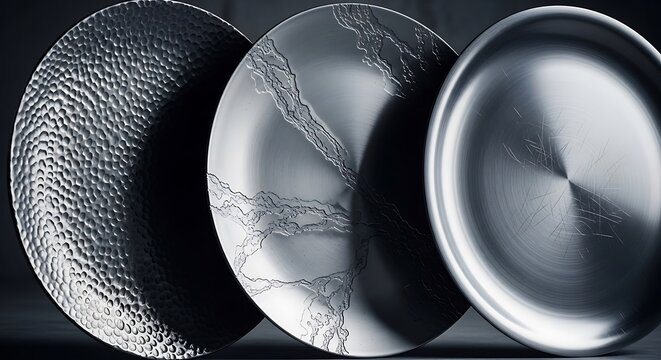 Elevated presentation of metallic dinnerware showcasing textural contrasts and refined patterns and minimalist design