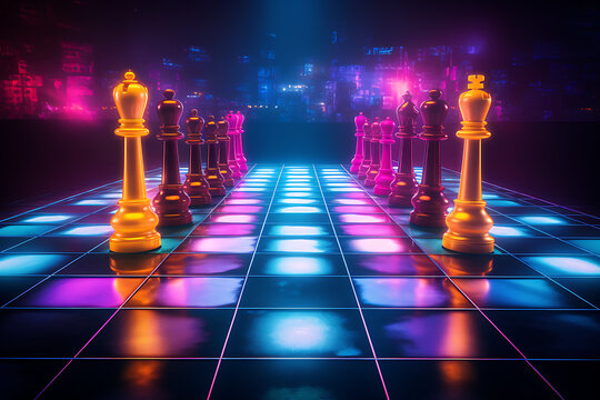 A vibrant, futuristic chessboard with glowing pieces set against a neon cityscape backdrop