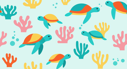 Sea turtles and coral in flat design on light blue background