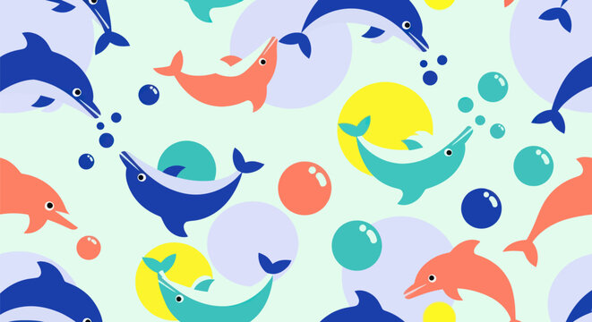 Playful dolphin pattern with blue, coral, turquoise, plus bubbles and pastel circles