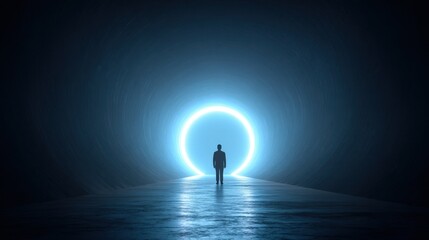A man stands in front of a large glowing circle. The image has a mysterious and surreal feel to it, as if the man is entering a portal or a gateway to another world