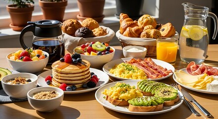 Fototapeta premium Extensive brunch buffet on wooden table bathed in sunlight abundance