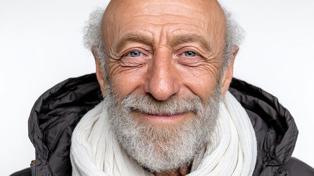 A man with a white scarf and a gray beard is smiling. He looks happy and content. Concept of warmth and happiness, as the man's smile is infectious and his outfit is cozy