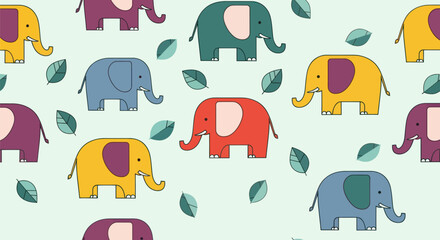 Colorful flat design elephant pattern with leaves on light background