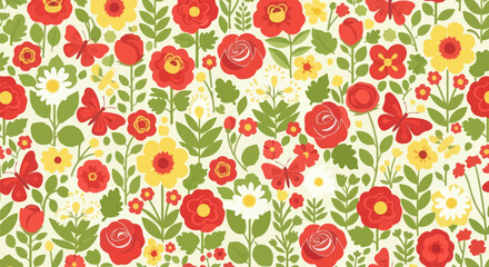 Floral flat vector repeat pattern with red roses and butterflies © masiku