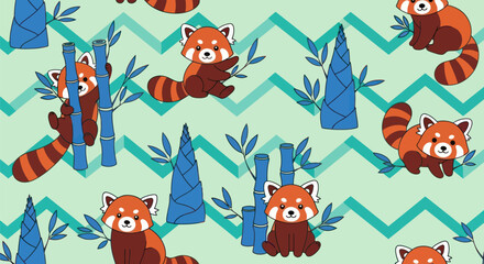 Red panda pattern cute pandas, blue bamboo on teal zigzag background © masiku