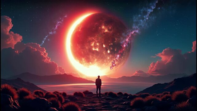 Standing in awe as the sun kisses the day goodbye from behind the moon