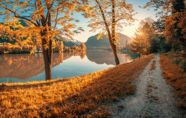 Tableau sur plexiglas Réflexion Scenic autumn view of a river with mountains reflected in calm water. Trees with golden foliage line a countryside path at sunset in Slovenia. Vibrant seasonal colors and peaceful nature in fall  © den-belitsky