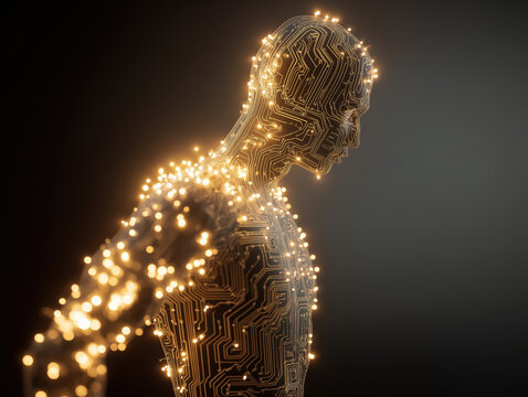 Glowing human silhouette with circuit pattern and luminous nodes, abstract fusion of human form and AI, futuristic digital energy and emotion