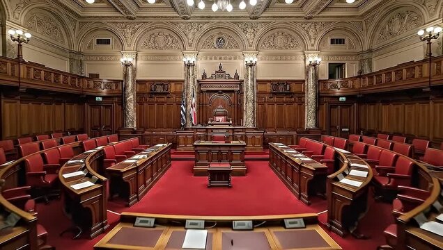 Formal Chamber Interior with Red Seating and Ornate Wooden Detailing and Central Podium