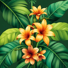 Fototapeta premium Tropical Bouquet with White and Pink Plumeria Flowers and Green Leaves