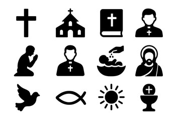 Christianity solid vector icon set. Contains cross, church, bible, priest, prayer, Christian, baptism, Jesus, dove, fish symbol, holy communion. Religion glyph collection.