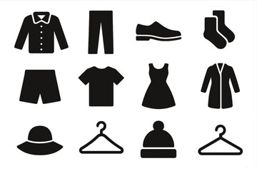 Solid glyph icon set of clothing and apparel. Vector collection with shirt, pants, shoes, socks, shorts, t-shirt, dress, coat, hat, hanger. Fashion and wardrobe symbols.