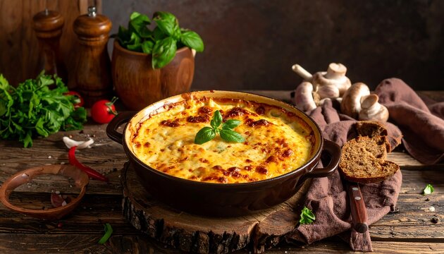 Creamy cheesy casserole in rustic dish