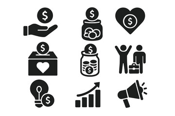 Crowdfunding investment icon set. Donation and charity glyph symbols. Business startup and finance solid icon collection. Vector for concepts like funding, savings, and growth.