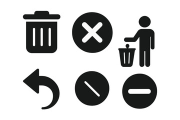 Delete icon set. Solid glyph vector collection for UI UX design. Contains trash can, remove, cancel, close, exit, undo, and back symbols. Web and app button elements.