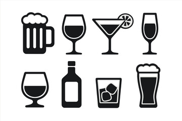 Alcoholic drink icon set. Vector beverage symbols for bar menu. Beer, wine, cocktail, whiskey, champagne and liquor glass silhouette. Simple black glyph pictogram collection.