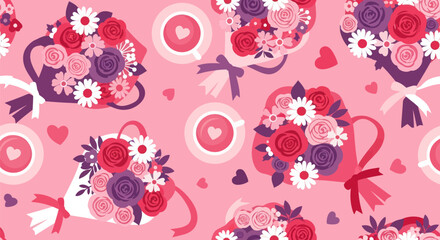 Floral pattern with bouquets and heart-topped coffee cups on pink