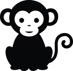 Cute cartoon monkey silhouette sitting and smiling isolated on white background