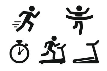 Running sport icon set with runner, race finish line, and treadmill. Marathon competition and fitness exercise vector elements. Simple pictogram of winner, stopwatch, and cardio.
