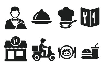 Restaurant and food delivery glyph icon set. Gastronomy business concept with server, chef, cooking, menu, fast food, takeaway, and dinner service vector pictograms.