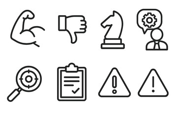 SWOT analysis method line icon set. Business strategy symbols for strengths, weaknesses, opportunities, threats. Vector icons for marketing, project management, and planning.