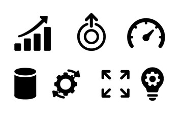 Scalability vector icon set for business. Glyphs for growth, expansion, performance, and capacity. Icons for adaptability, scalable resize, efficiency and innovation.