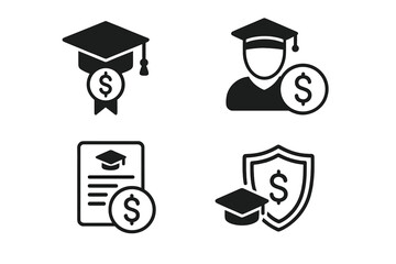 School fee icon set. Financial education concepts like scholarship, student loan, and university savings. Vector icons for tuition costs, grants, and college funding investment.