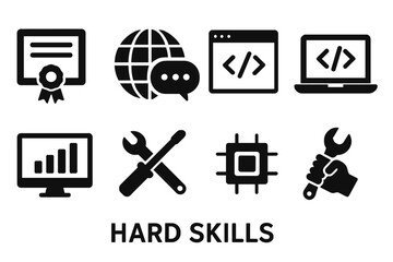 Hard skills icon set. Technical competence symbols. Professional abilities. Job qualification. Expertise icons. Certificate. Coding. Data analysis. Language. Engineering. IT.