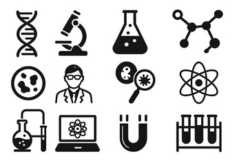 Science icon set. Vector symbols for biology, chemistry, physics. Laboratory experiment, research, DNA, molecule, atom, microscope, scientist. Medical and education concept.