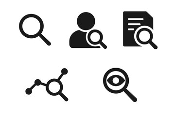 Search icon set. Solid glyph vector collection with magnifying glass for find, research, SEO, and investigation. Includes user profile, document, data analysis and audit icons.