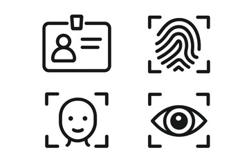 ID document and biometric icon set. Vector symbols for identity verification. Face ID, fingerprint scan, eye recognition. Security access control. Personal authentication.