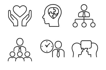Soft skills line icon set. Business skills vector collection. Empathy, problem-solving, management, leadership, punctuality, communication, and teamwork outline icons.