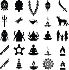 Spiritual icon set for Kali Puja festival. A collection of Hindu symbols of the fierce goddess Kali, with her trishula, skull garland, diya, and worship objects.