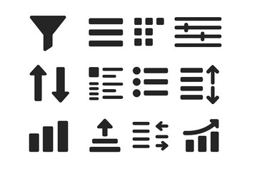 Sorting and filtering icon set. UI UX glyphs for data organization. Includes filter, list, arrange, sort, organize, priority, reorder, category, menu, and graph symbols.
