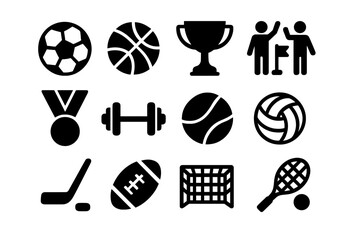 Sports icon set. Solid vector glyphs. Football, basketball, tennis, hockey, volleyball. Gym fitness pictogram. Competition medal, trophy award. Winner championship symbol.