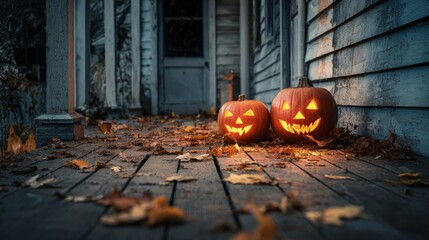Obraz premium Halloween pumpkin lanterns glowing on rustic wooden porch autumn leaves scattered cozy seasonal photography background
