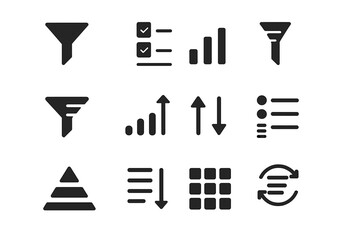 Data sorting and filtering solid glyph icon set. Includes symbols for organize, arrange, list, priority, reorder, category, refine, and data management for UI and UX design.