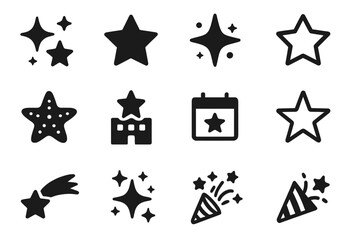 Star vector icon set collection. Solid glyph icons. Sparkle, shine, bright, twinkle. Favorite, award, rating, review. Hotel quality. Starfish. Shooting star. Event, celebration, party popper.