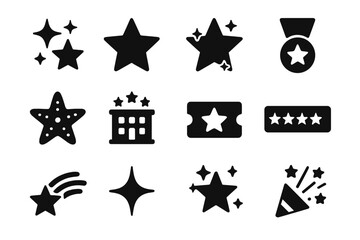 Star icon set. Solid glyph vector collection. Contains sparkle, favorite, shine, award, hotel rating, event ticket, review, shooting star, bright, and celebration concepts.