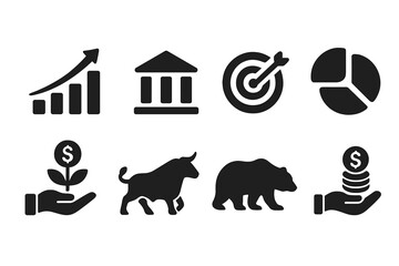 Stock market solid icon set. Finance and investment glyph collection. Bull and bear market symbols. Financial goal, stock exchange, shares, profit growth vector icons.