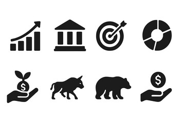 Stock market and finance solid icon set. Vector collection with bull and bear, growth chart, investment goal, bank, shares, and money symbols for web and mobile design.